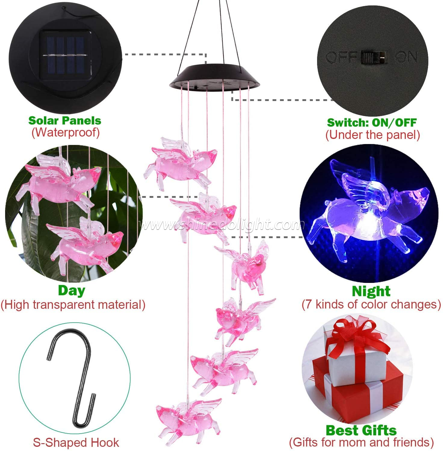 Solar Wind Chime Outdoor Flying Pig Lamp Led Pig Wind Chimes Mobile Waterproof Hanging Chimes for Yard and Home Decoration