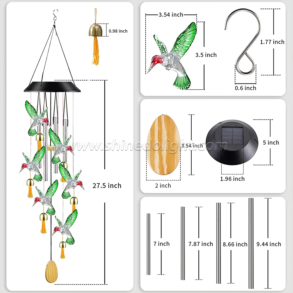 Color Changing Solar Wind Chime Outdoor Waterproof Hummingbird LED Solar Hummingbird Wind Chimes with Metal Tubes and Bells