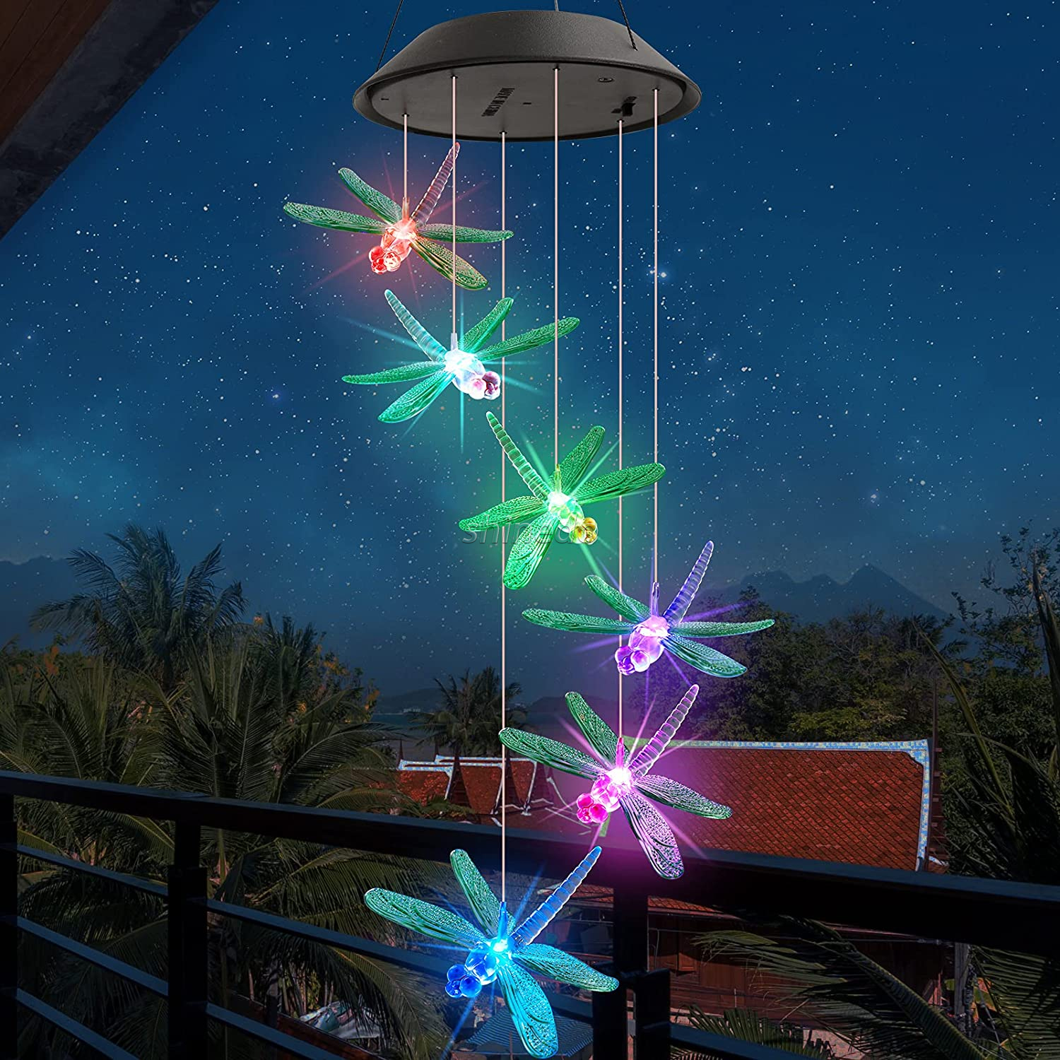 Dragonfly Waterproof Led Decorative Wind Chimes 7 Color Changing Solar Wind Chime Light