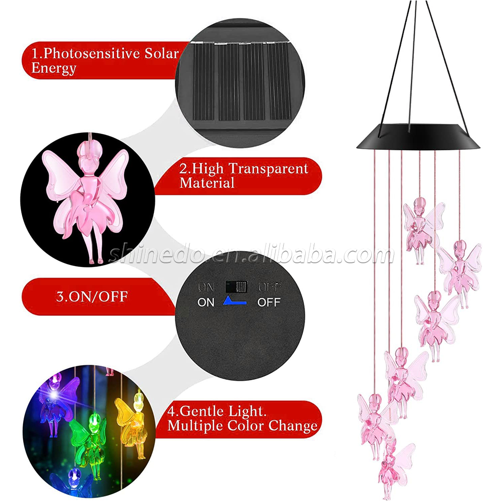 Tooth Fairy LED Solar Wind Chimes, Pink Wind Chime Outdoor Decoration