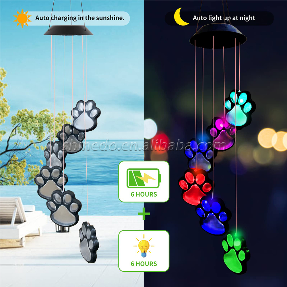 Paw Print Solar Wind Chimes for Outside, Dogs Cat Pet Pawprint Remembrance Wind Chimes