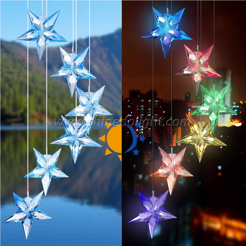 Color Changing Solar Power Wind Chime Blue Star LED Wind Chime Wind Mobile Portable Waterproof Outdoor Decorative