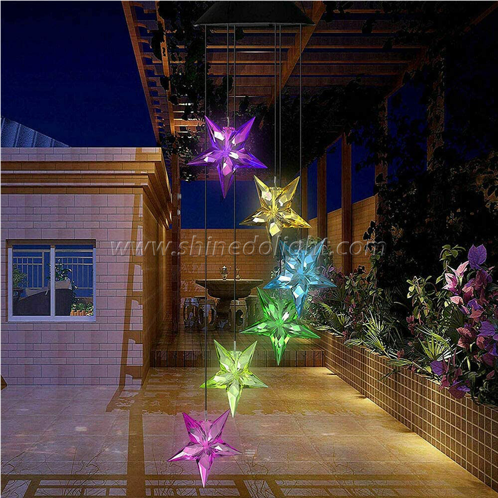 Color Changing Solar Power Wind Chime Blue Star LED Wind Chime Wind Mobile Portable Waterproof Outdoor Decorative