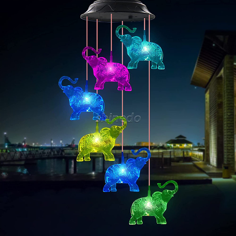 Elephant Solar Wind Chimes for Outside, Waterproof LED Solar Powered Memorial Wind Chimes with Lights, Housewarming Gifts for Garden Outdoor Patio Yard Lawn Decor