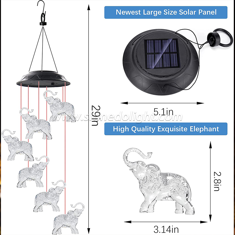 Elephant Solar Wind Chimes for Outside, Waterproof LED Solar Powered Memorial Wind Chimes with Lights, Housewarming Gifts for Garden Outdoor Patio Yard Lawn Decor