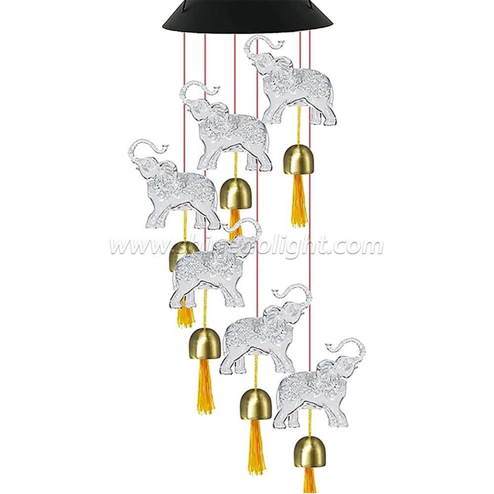 Elephant Solar Wind Chimes for Outside with 6 Bells, Waterproof LED Solar Powered Memorial Wind Chimes