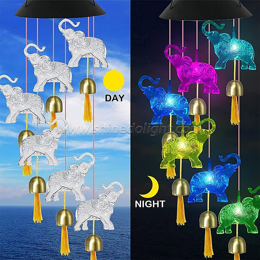 Elephant Solar Wind Chimes for Outside with 6 Bells, Waterproof LED Solar Powered Memorial Wind Chimes