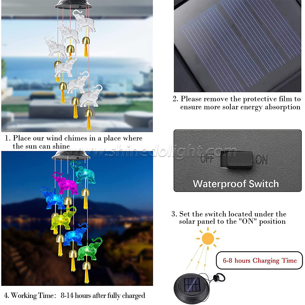 Elephant Solar Wind Chimes for Outside with 6 Bells, Waterproof LED Solar Powered Memorial Wind Chimes