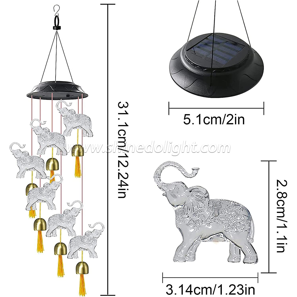 Elephant Solar Wind Chimes for Outside with 6 Bells, Waterproof LED Solar Powered Memorial Wind Chimes