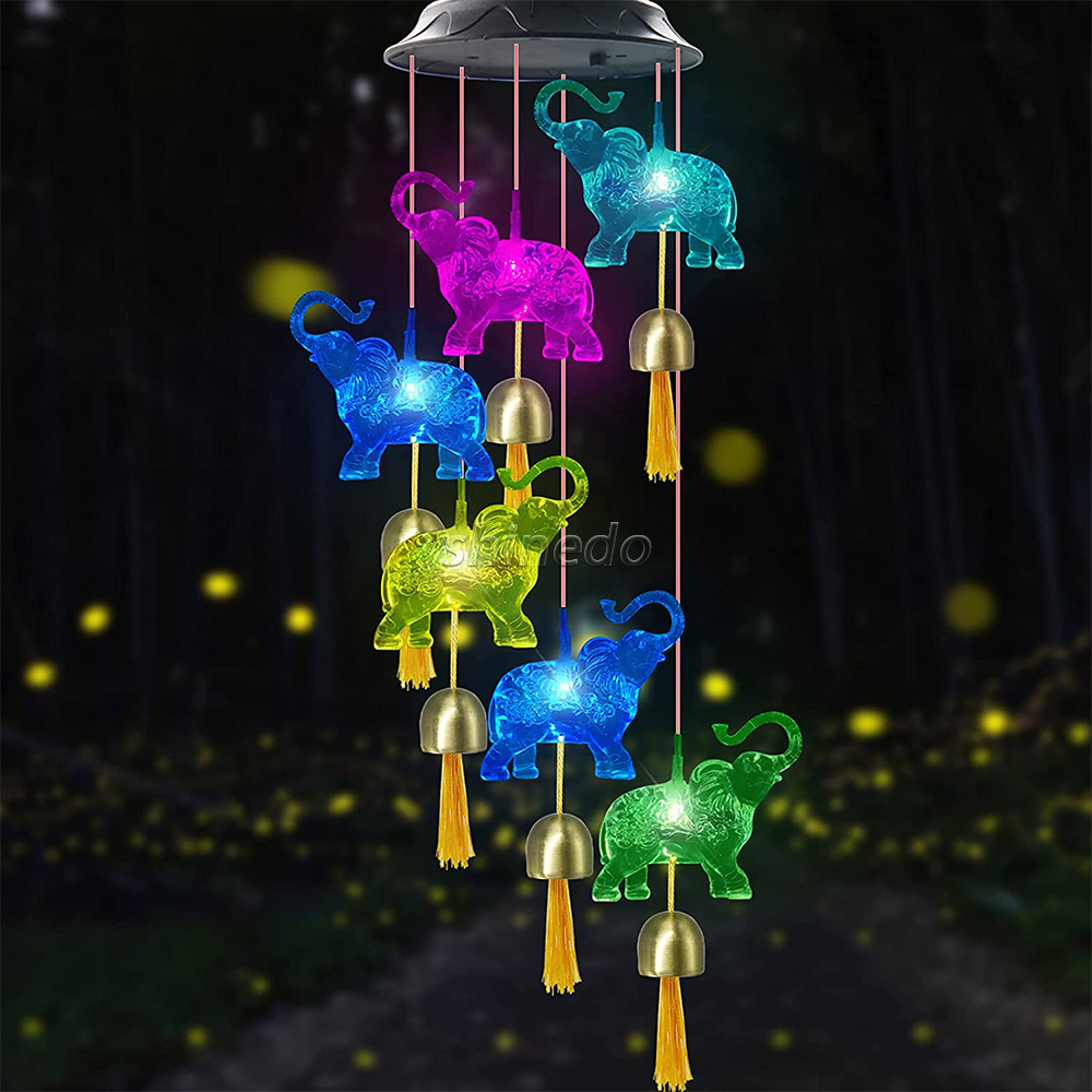 Elephant Solar Wind Chimes for Outside with 6 Bells, Waterproof LED Solar Powered Memorial Wind Chimes