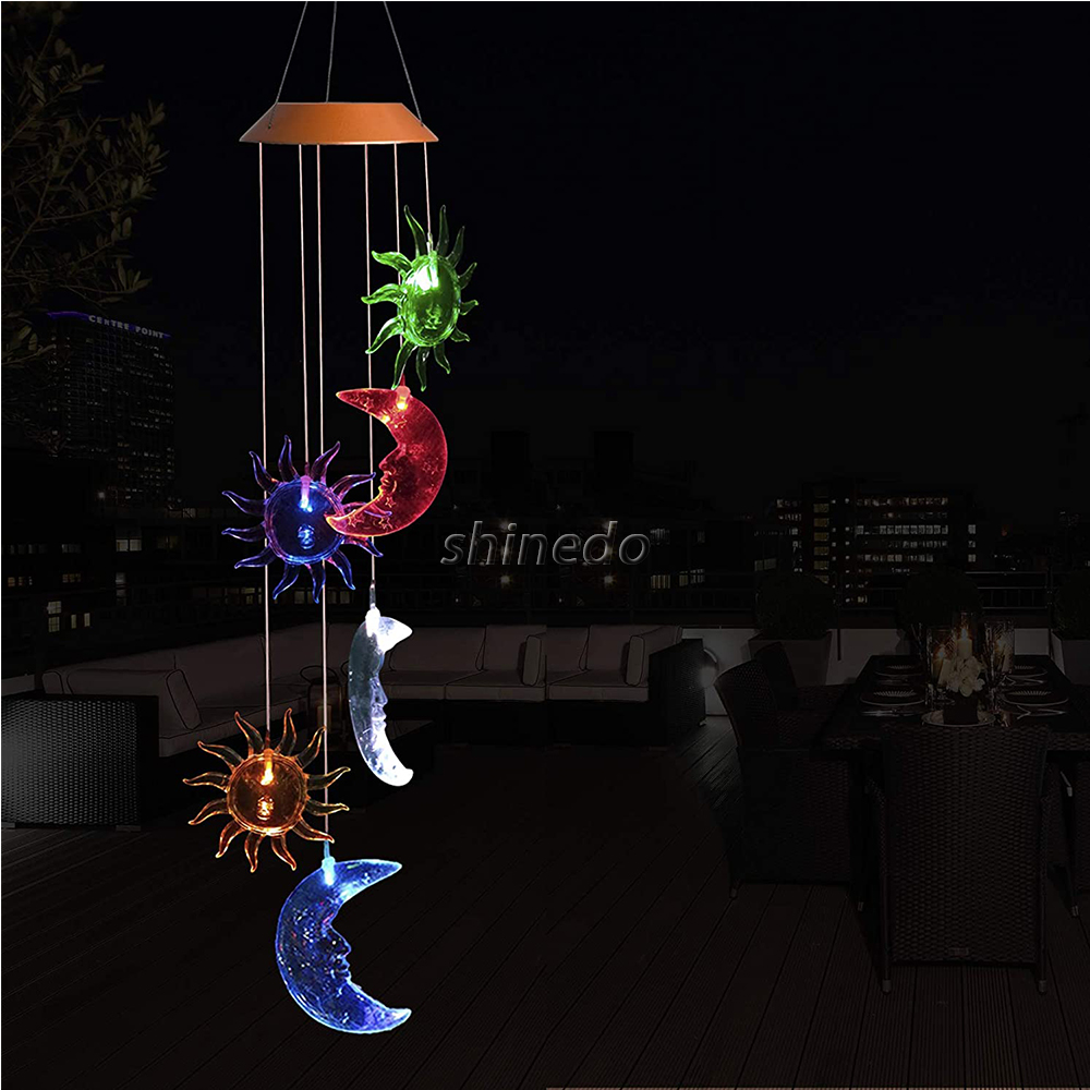 LED Solar Sun and Moon Wind Chimes Outdoor - Waterproof LED Changing Light Color Wind Chime, Six Suns and Moons Wind Chimes