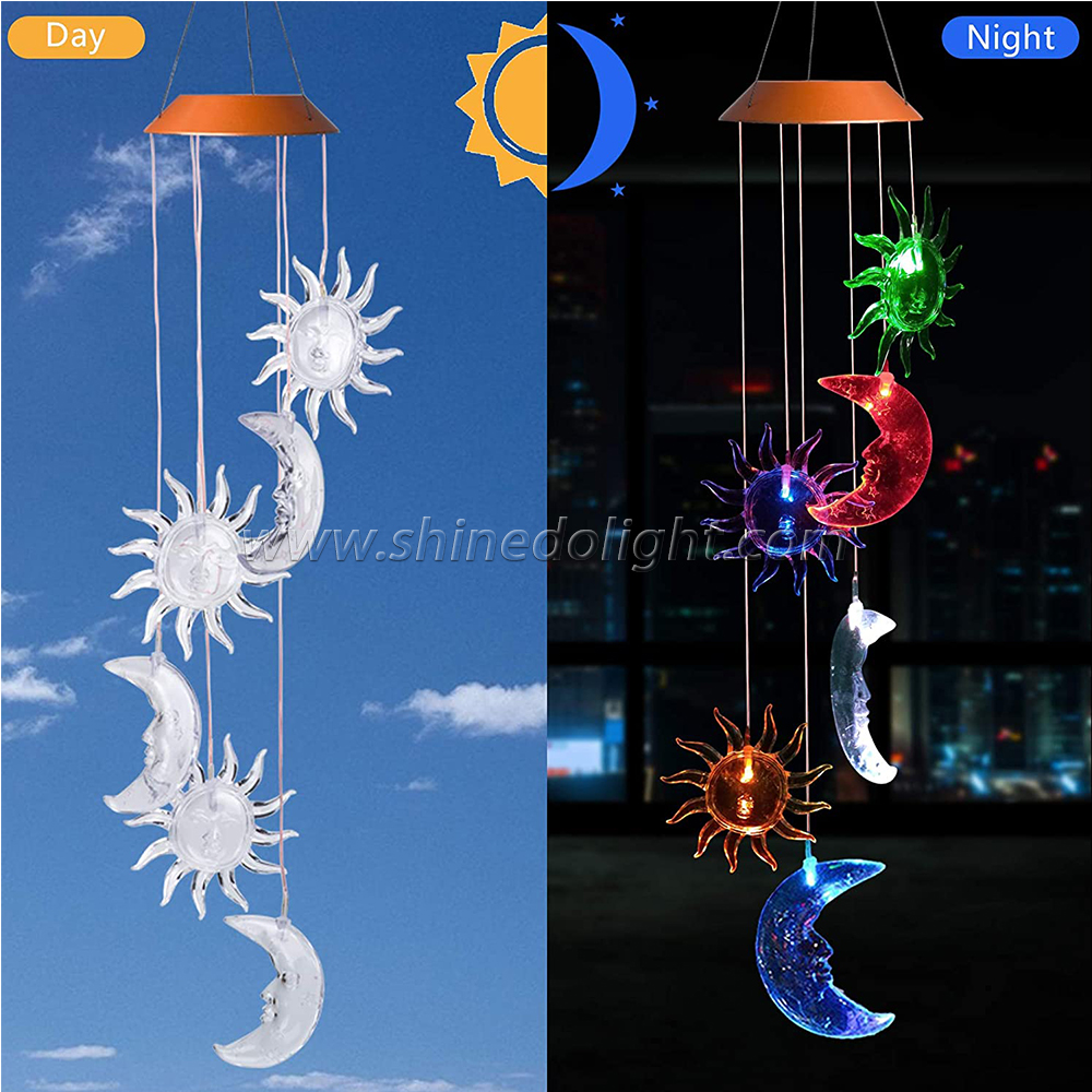 LED Solar Sun and Moon Wind Chimes Outdoor - Waterproof LED Changing Light Color Wind Chime, Six Suns and Moons Wind Chimes