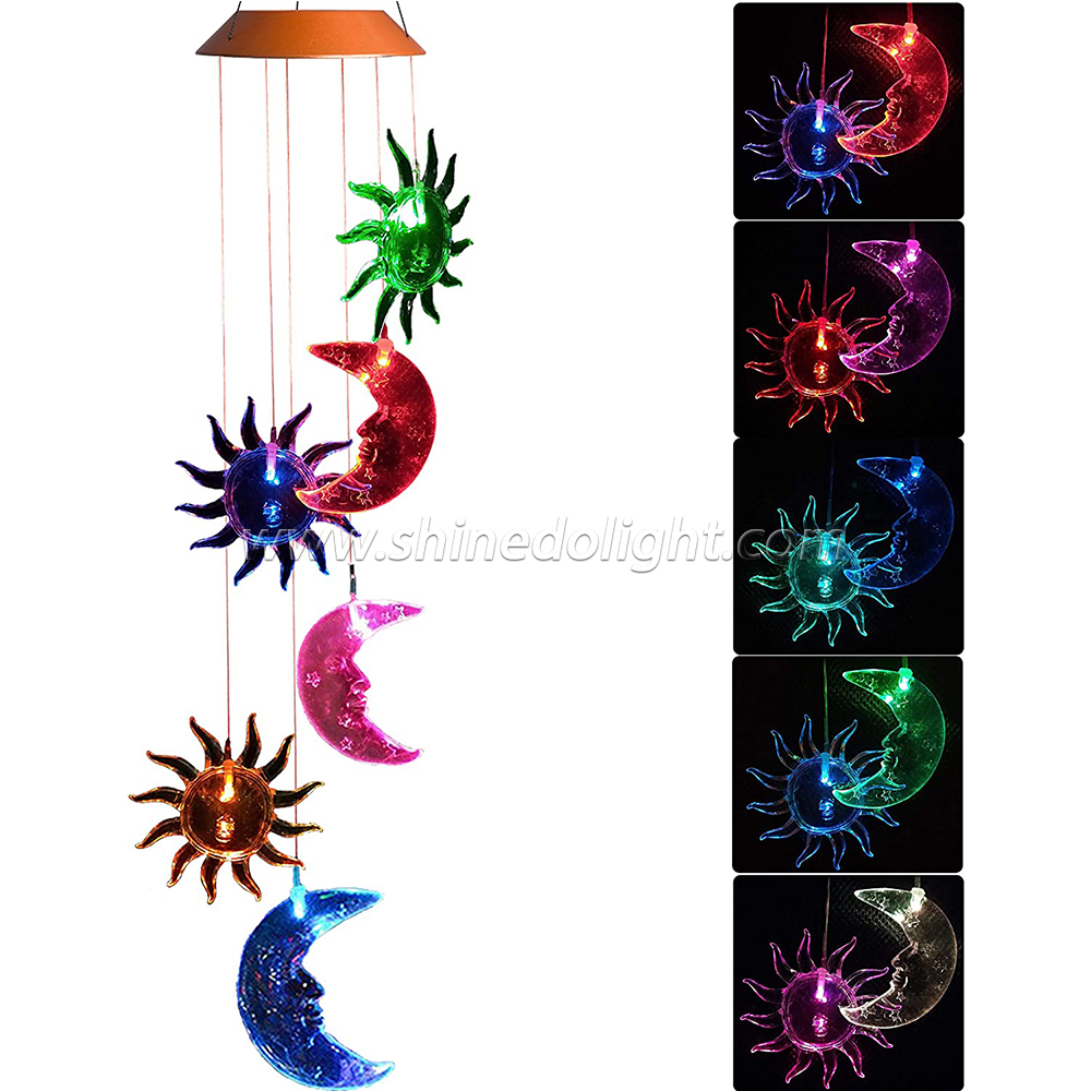 LED Solar Sun and Moon Wind Chimes Outdoor - Waterproof LED Changing Light Color Wind Chime, Six Suns and Moons Wind Chimes