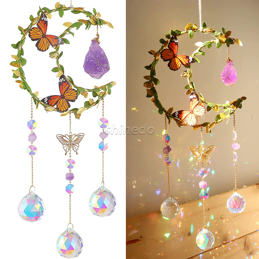 Hanging Butterfly Moon Sun Light Catcher with Glass Prisms for Window Natural Amethyst Crystal Decor