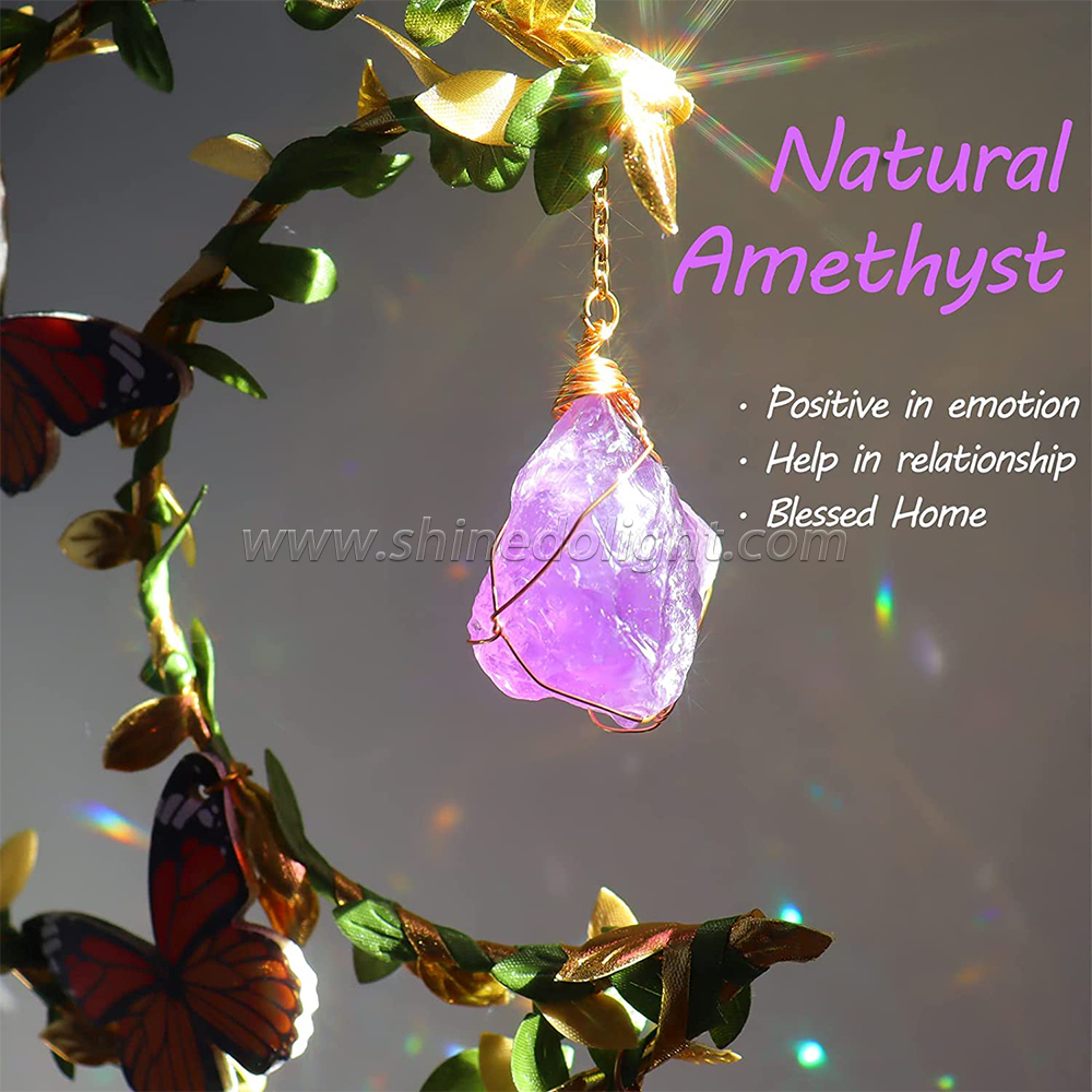 Hanging Butterfly Moon Sun Light Catcher with Glass Prisms for Window Natural Amethyst Crystal Decor