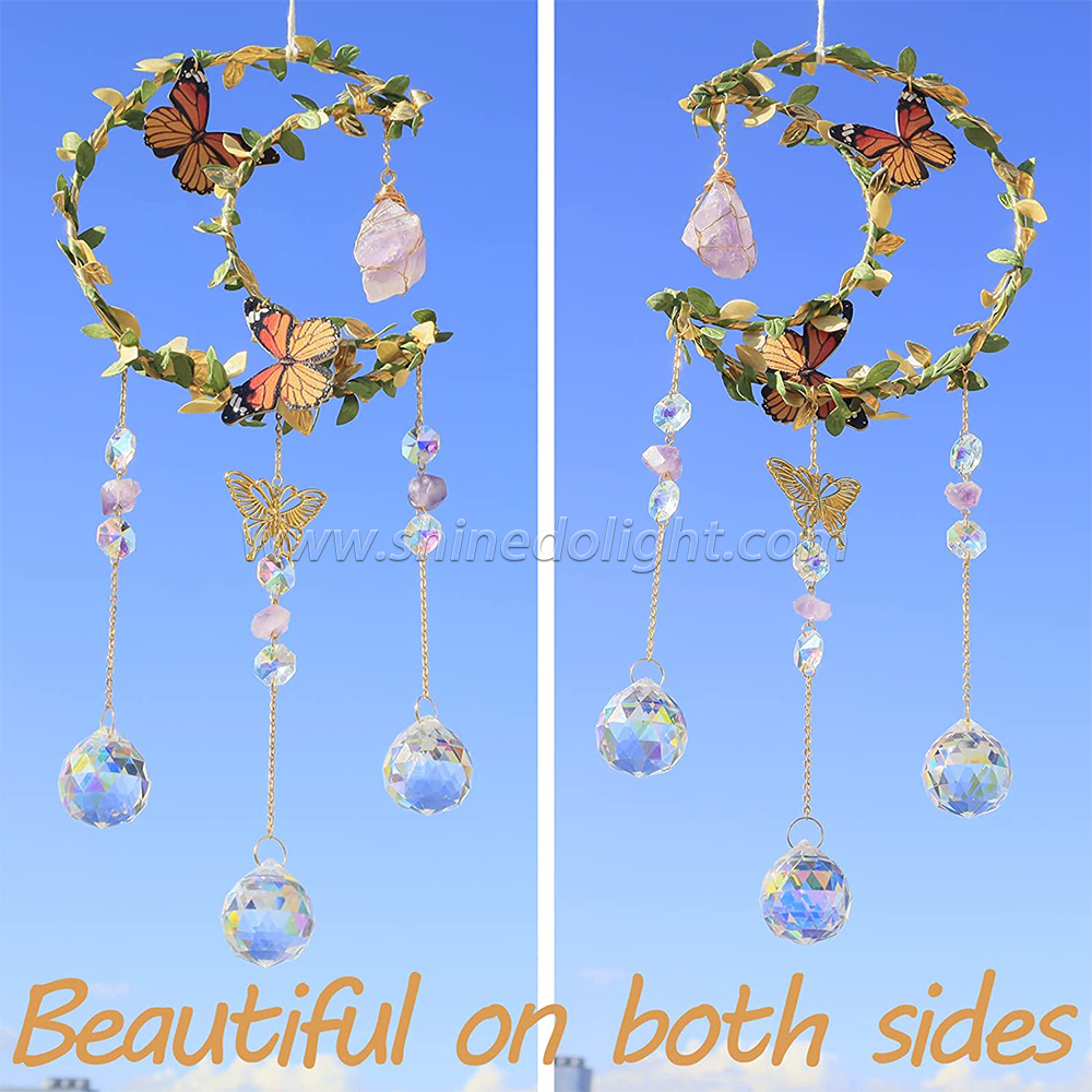 Hanging Butterfly Moon Sun Light Catcher with Glass Prisms for Window Natural Amethyst Crystal Decor