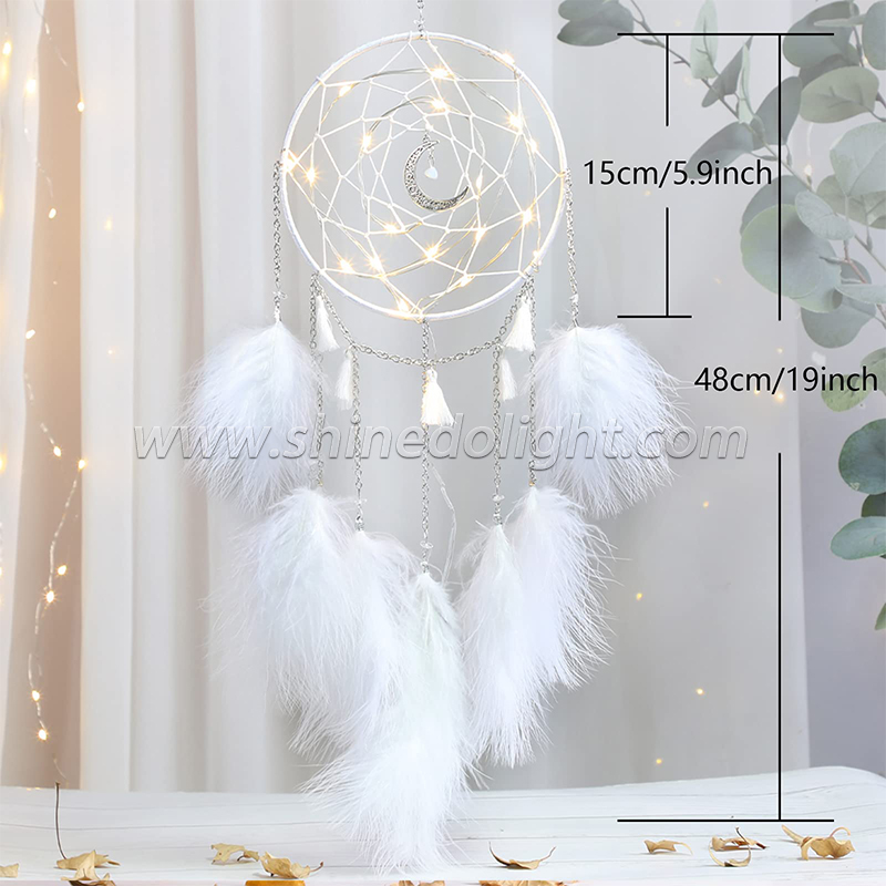 Handmade LED lights white feather dream catcher used for bedroom hanging wall interior decorations