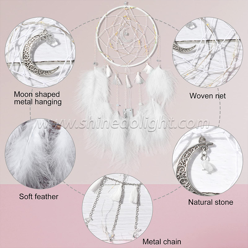 Handmade LED lights white feather dream catcher used for bedroom hanging wall interior decorations