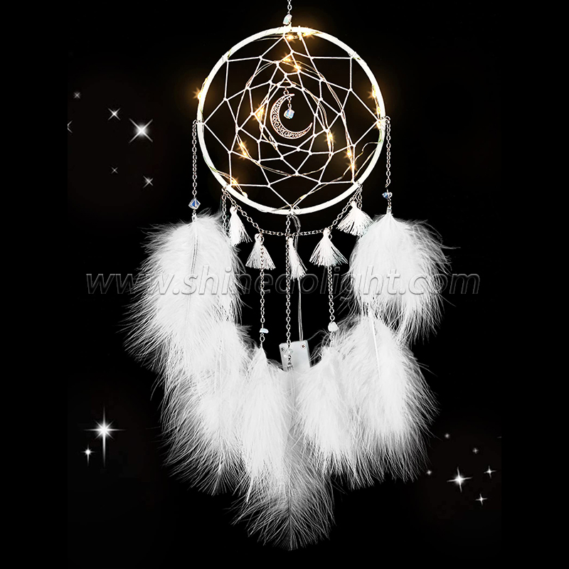 Handmade LED lights white feather dream catcher used for bedroom hanging wall interior decorations