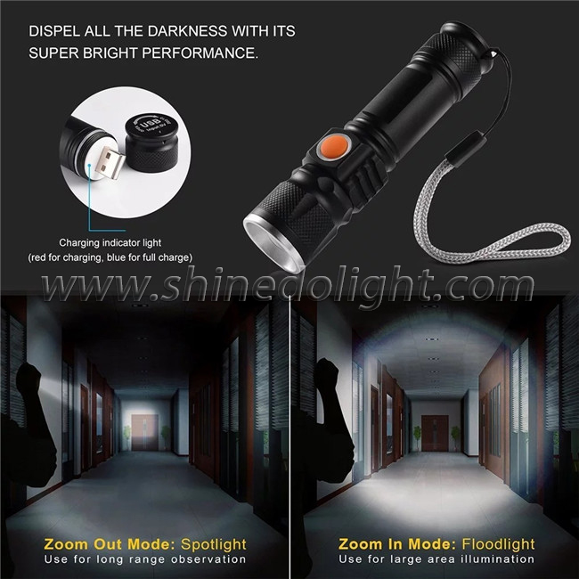 LED USB  Charge Flashlight with Stable Function, 18650 Lithium Battery Aluminium Alloy Made Tactic Flashlight