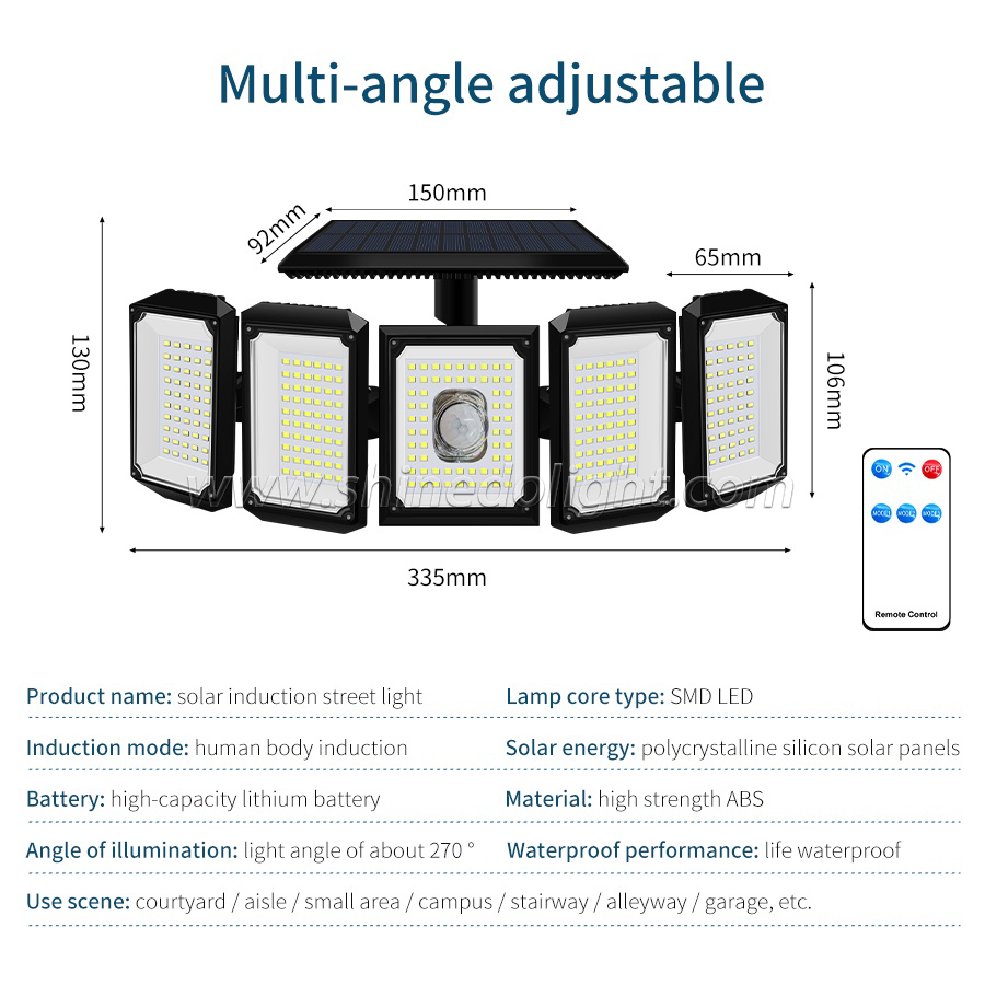 Super Bright 300 LED Solar Light IP65 waterproof motion sensor Outdoor Solar 5 head remote control wall gardenn light security