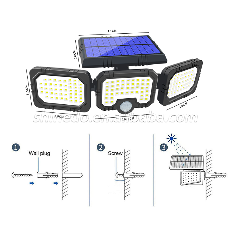 142LED Three Head Solar Lamp PIR Motion Sensor Waterproof Adjustable Angle Lights Solar garden Wall Light