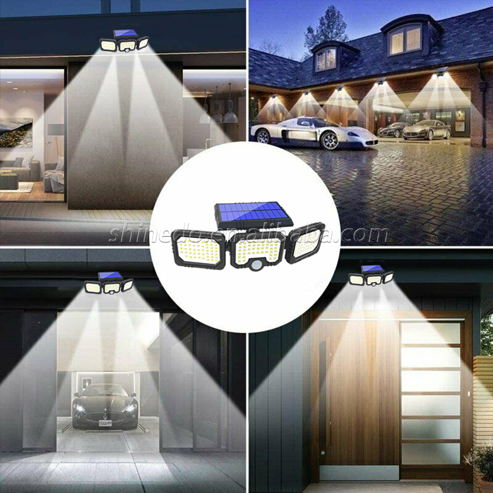 142LED Three Head Solar Lamp PIR Motion Sensor Waterproof Adjustable Angle Lights Solar garden Wall Light