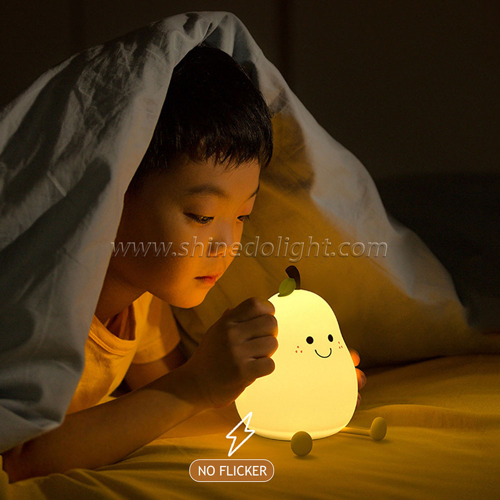 LED Pear Fruit Night Light USB Rechargeable 7 Colors Dimming Touch Silicone Table Lamp Cartoon Cute Bedroom Decor Bedside Lamp