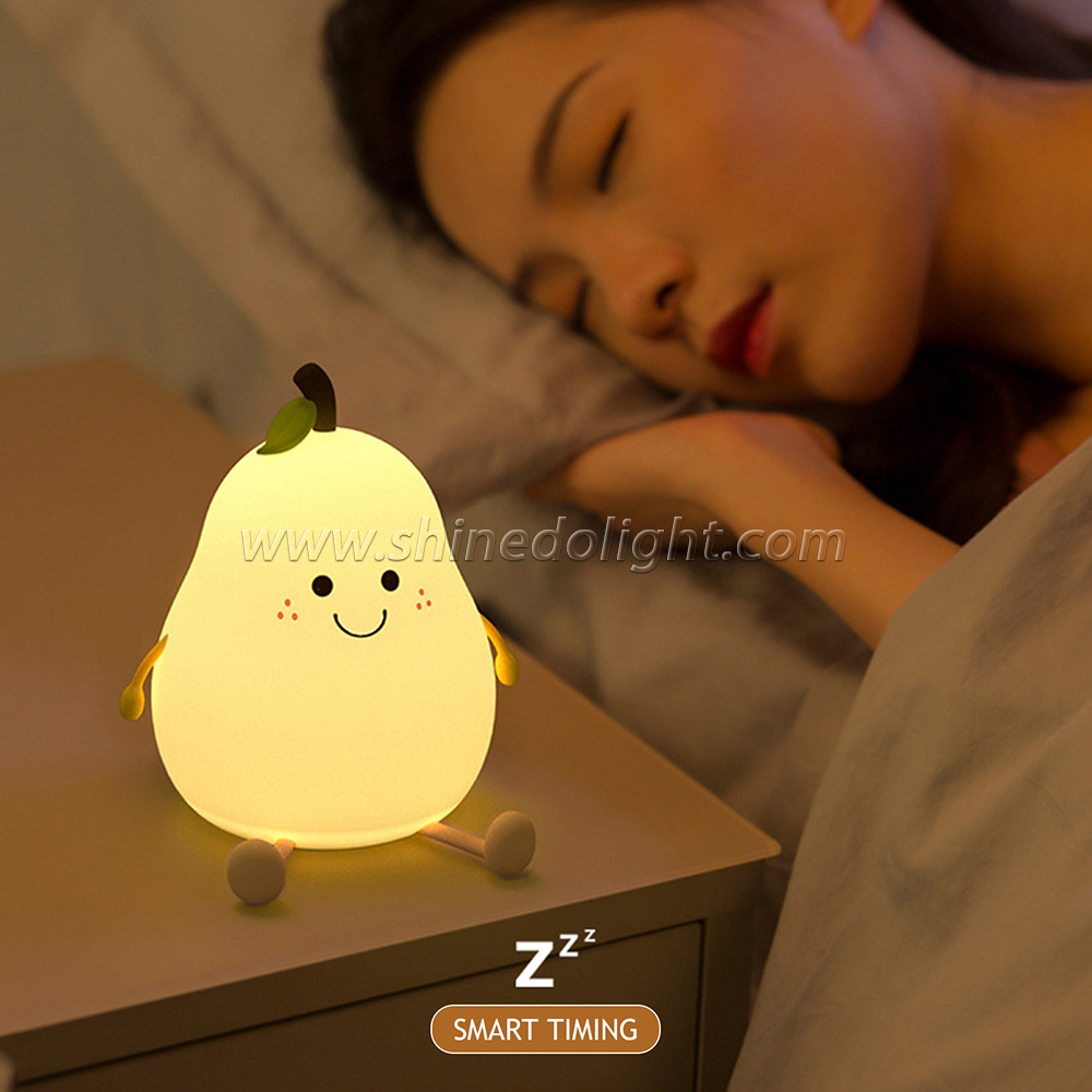 LED Pear Fruit Night Light USB Rechargeable 7 Colors Dimming Touch Silicone Table Lamp Cartoon Cute Bedroom Decor Bedside Lamp