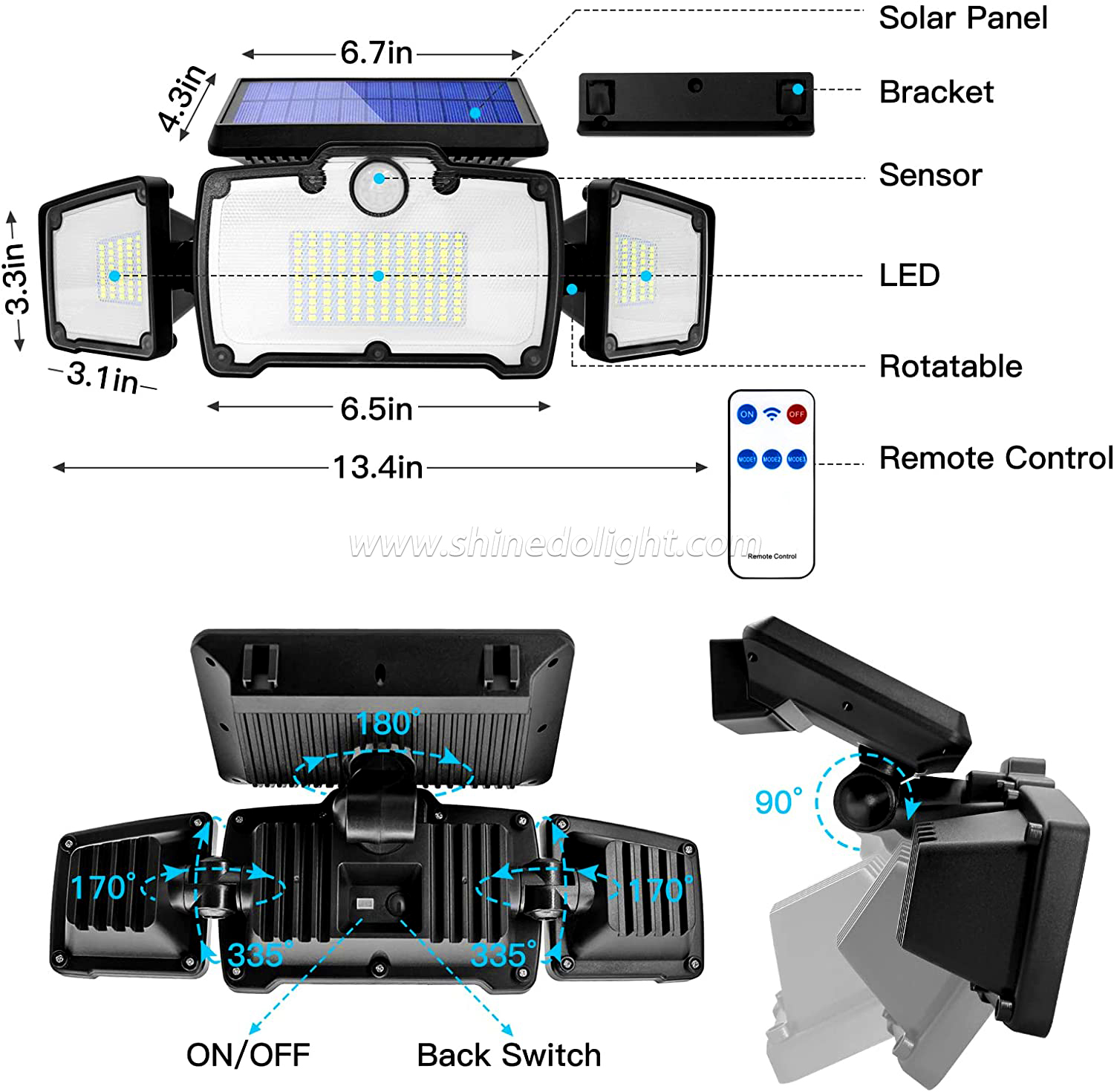 3 Heads Solar Outdoor Security Light Illumination Motion Sensors Lamp with Remote Control