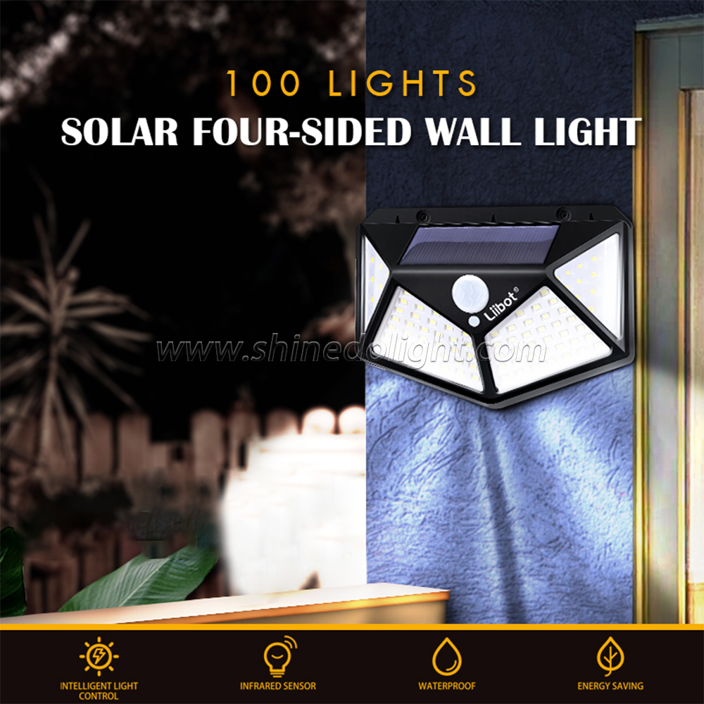 4 Sides Solar Garden Light, Motion Sensor Wall 100 LED Lights Waterproof Outdoor Backyard Solar Light