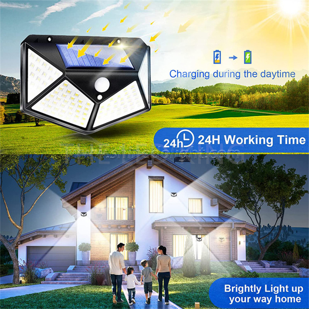 4 Sides Solar Garden Light, Motion Sensor Wall 100 LED Lights Waterproof Outdoor Backyard Solar Light