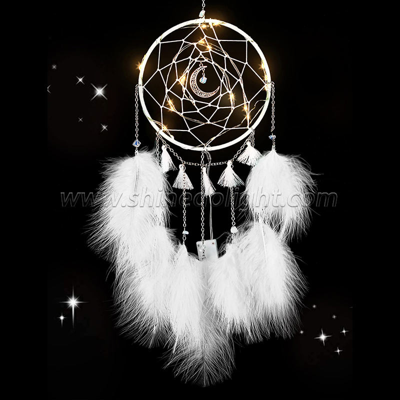 Handmade LED lights white feather dream catcher used for bedroom hanging wall interior decorations SD-SW199