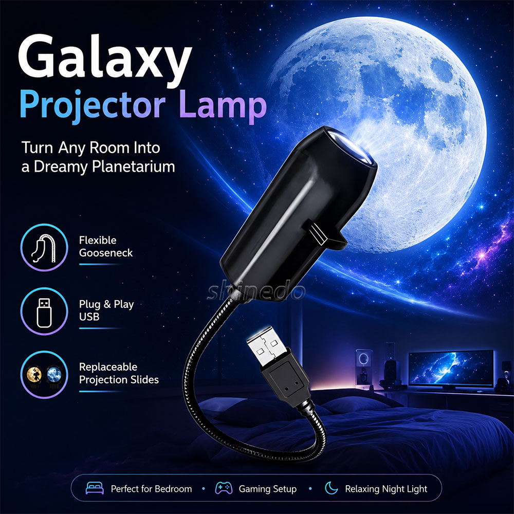 Galaxy Projector Lamp with Replaceable Slides – 360° Rotation Flexible Gooseneck USB Powered Night Light for Bedroom