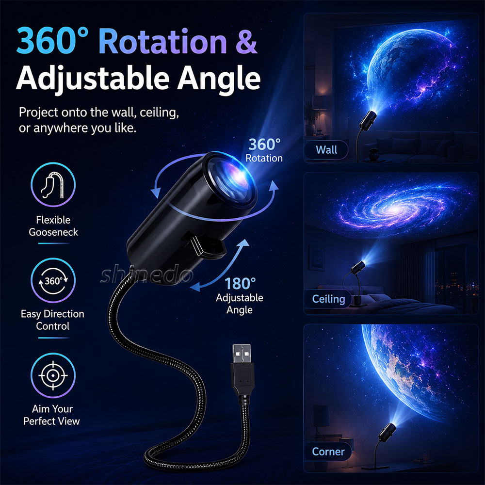 Galaxy Projector Lamp with Replaceable Slides – 360° Rotation Flexible Gooseneck USB Powered Night Light for Bedroom